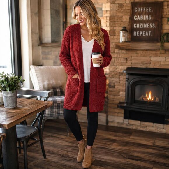 Modern Canvas Sweaters - Modern Canvas Red Chenille Open Front Cardigan XXL Cozy Popcorn Knit Pockets